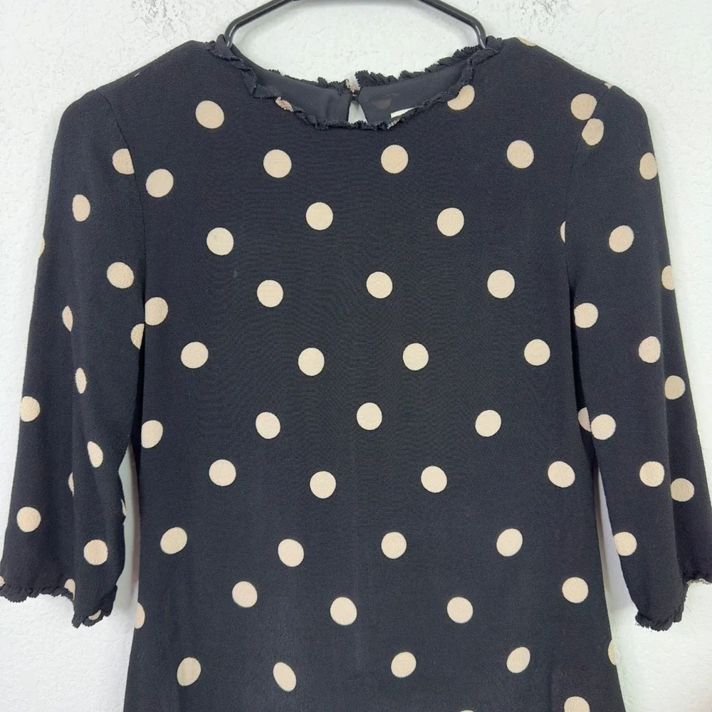 Kate Spade Dress Womens 0‎ Black Tan Polka Dot Ruffle Trim Feminine Quiet Luxury